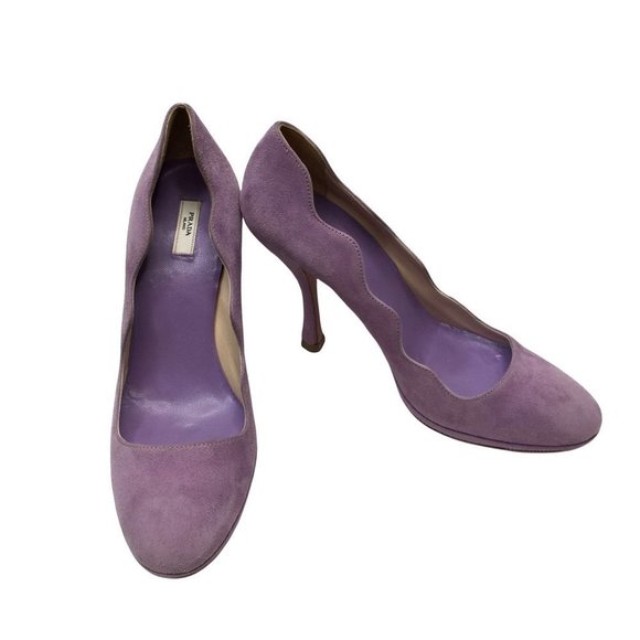 Prada Womens High Heels 38 Lavendar Suede Scalloped Edge Platform Leather Pumps - Picture 1 of 11